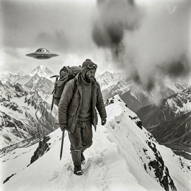 Mountaineer carrying backpack and ice axe walking on snowy mountain ridge