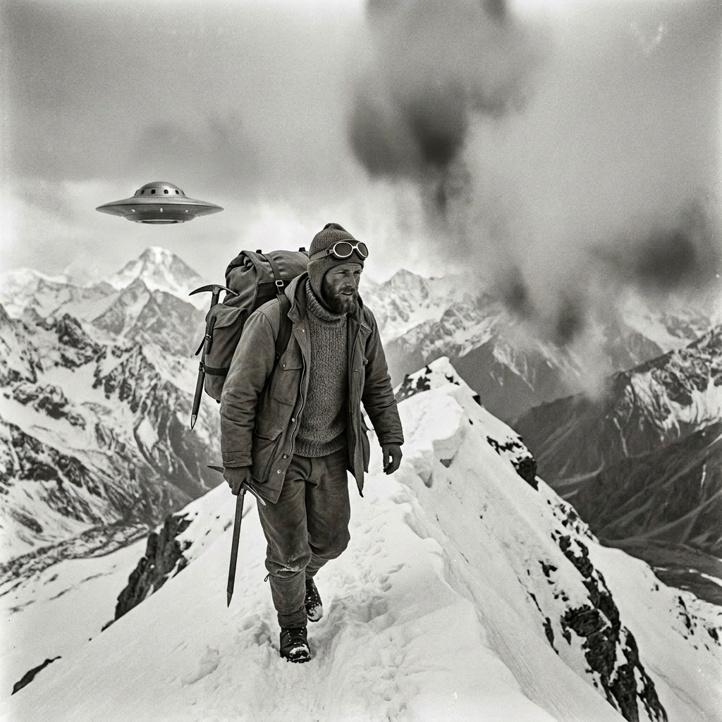 Mountaineer carrying backpack and ice axe walking on snowy mountain ridge