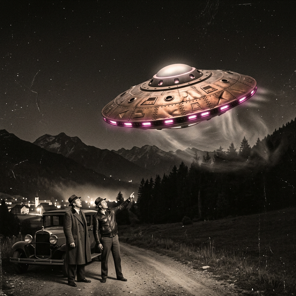 Two men on a dirt road looking up at a glowing UFO hovering over trees with mountains in the background