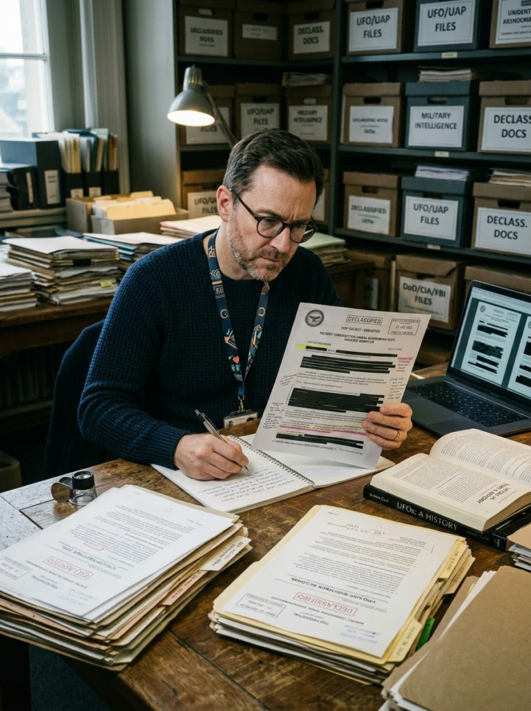Researcher examining declassified UFO documents with files and a laptop in an archive room